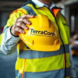An image depicting a person holding a safety helmet prominently featuring the text 'TerraCore Piling & Foundation' written on it