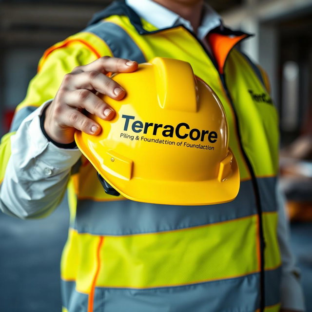 An image depicting a person holding a safety helmet prominently featuring the text 'TerraCore Piling & Foundation' written on it