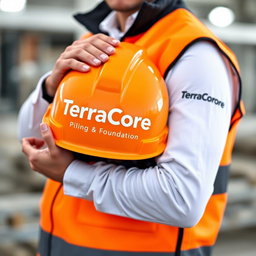 An image depicting a person holding a safety helmet prominently featuring the text 'TerraCore Piling & Foundation' written on it
