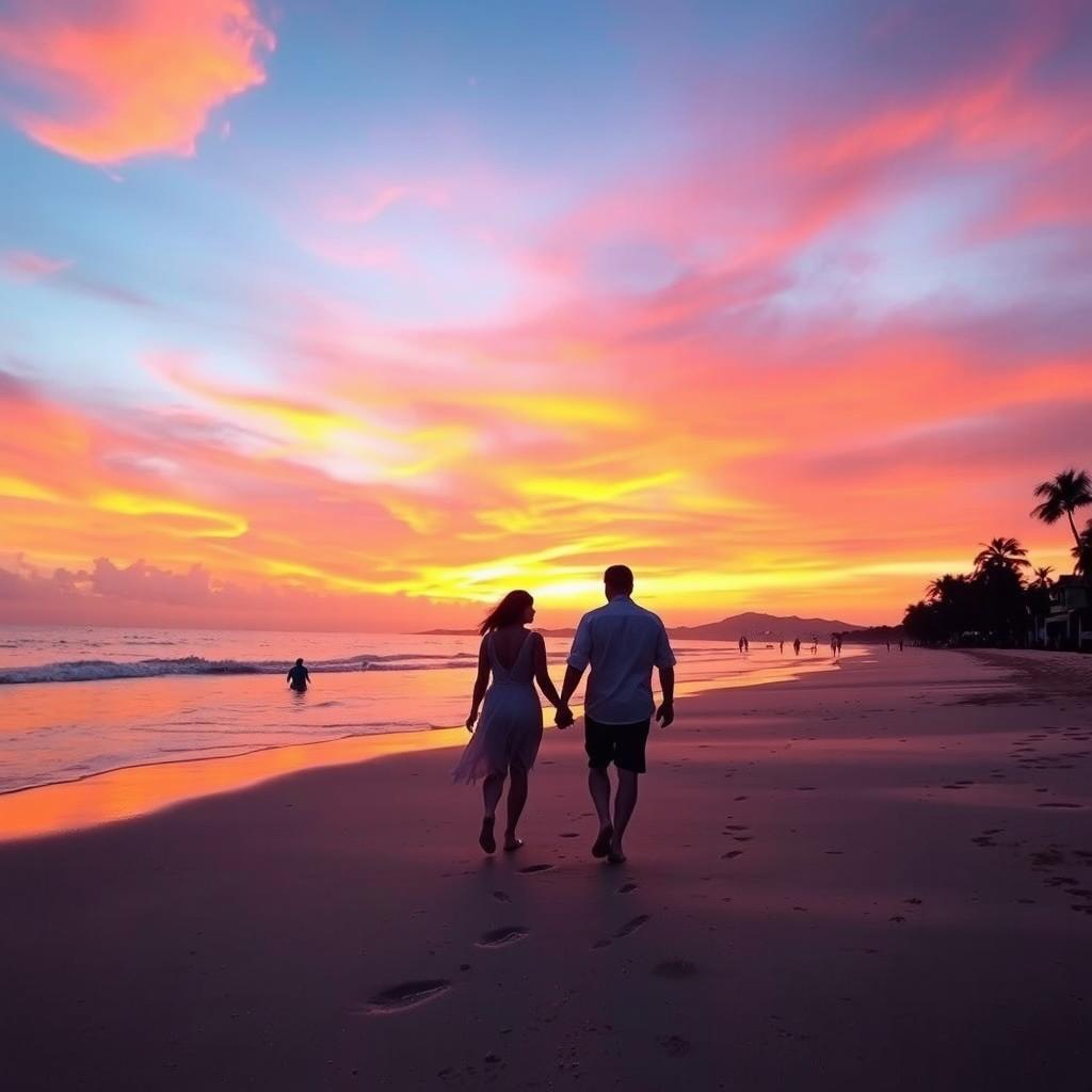 A dazzling sunset over a calm beach, with the sky painted in vibrant hues of orange, pink, and purple