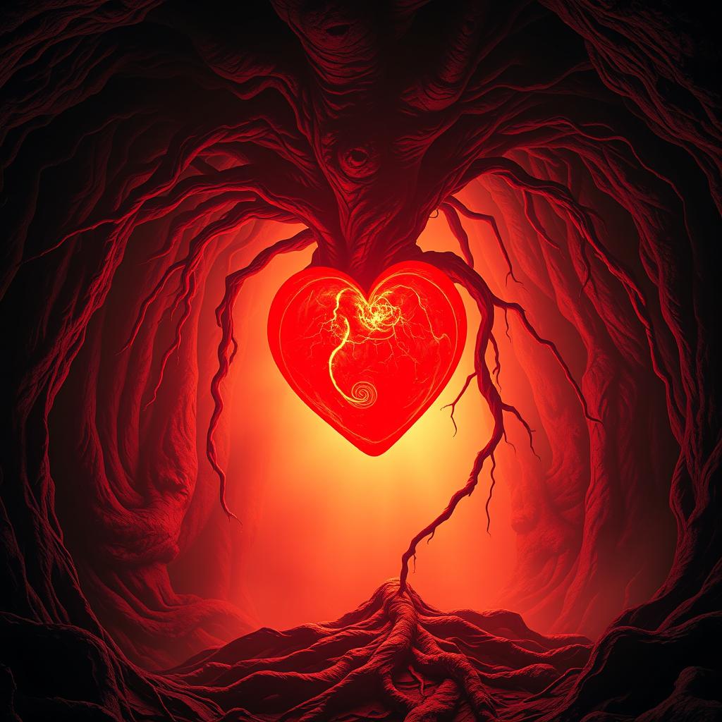 In a mystical chamber illuminated by a warm, pulsating red light, the Heart of the Tree hangs suspended in midair, ensnared by thick, twisting roots