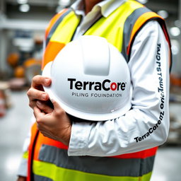 An image featuring a person holding a safety helmet that prominently displays the text 'TerraCore Piling & Foundation'