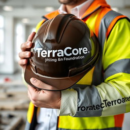 An image featuring a person holding a safety helmet that prominently displays the text 'TerraCore Piling & Foundation'