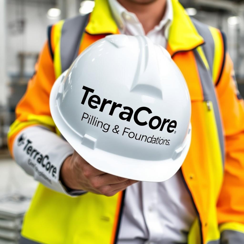 An image featuring a person holding a safety helmet that prominently displays the text 'TerraCore Piling & Foundation'