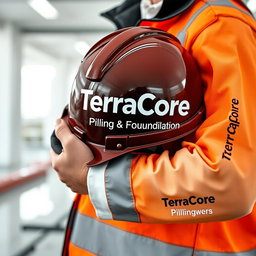 An image featuring a person holding a safety helmet that prominently displays the text 'TerraCore Piling & Foundation'