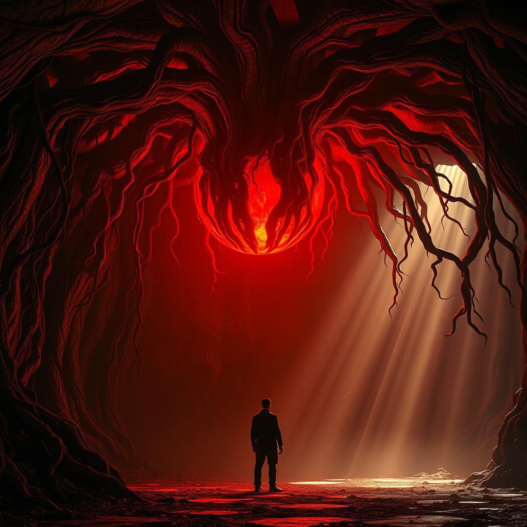 In a mystical chamber filled with an intense, warm ambiance, a massive, pulsating orb of pure, radiant energy is suspended in midair, ensnared by thick, twisting roots