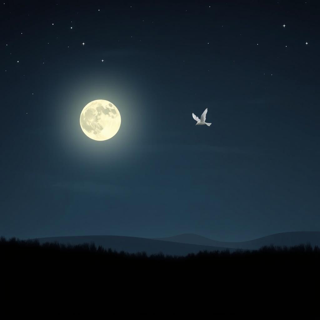A night scene illuminated by gentle moonlight, casting a serene glow over the quiet landscape