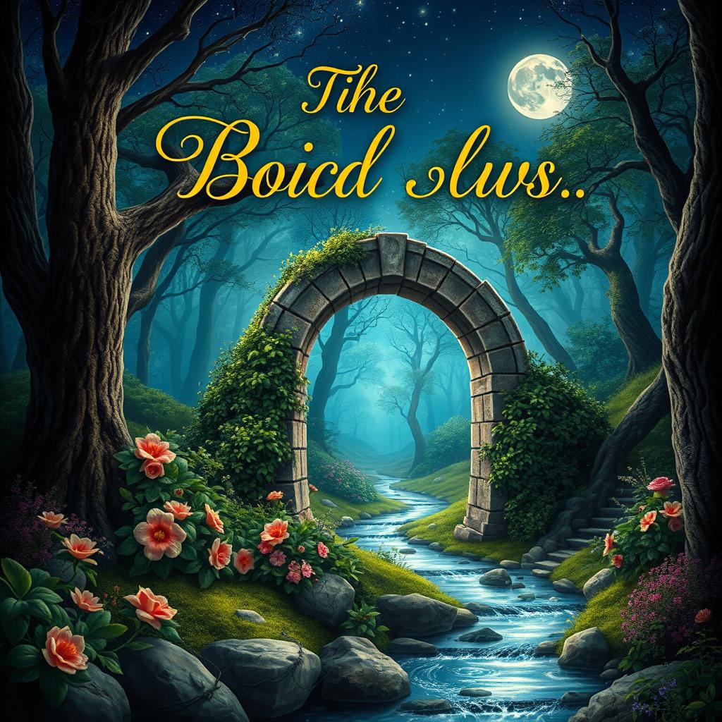 A captivating book cover design featuring a mystical forest with ethereal, glowing trees under a starry night sky