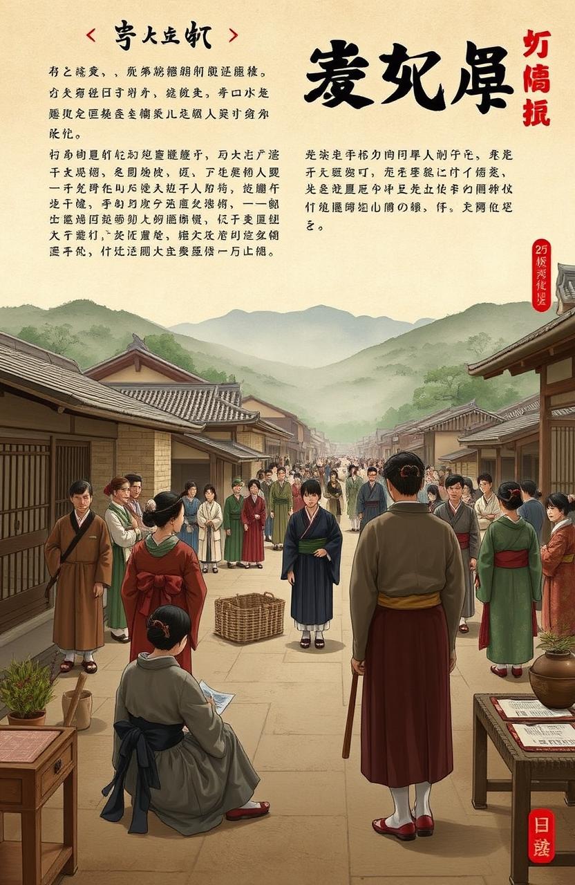 An informative and respectful artistic representation of Japan's historical slavery practices, showcasing traditional Japanese elements such as kimono, landscapes, and architecture to provide context
