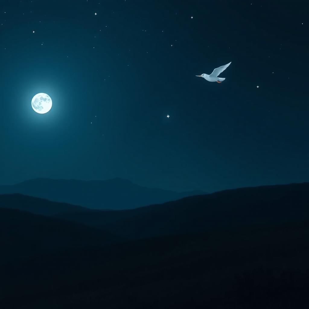 A serene night scene illuminated by gentle moonlight, casting soft shadows over the tranquil landscape