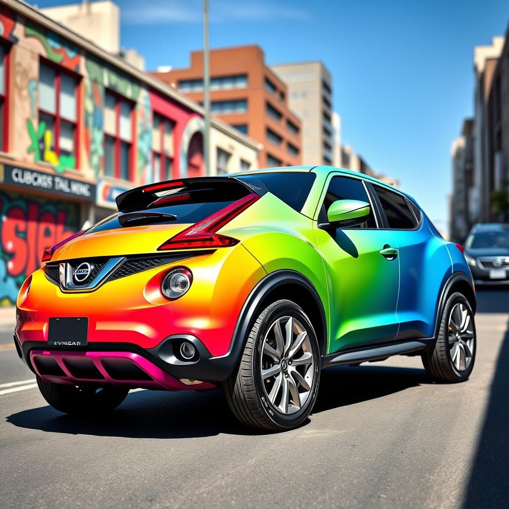 A Nissan Juke with a stunning gradient color transition, showcasing a blend of vibrant hues flowing from one to another, reflecting a modern and artistic design