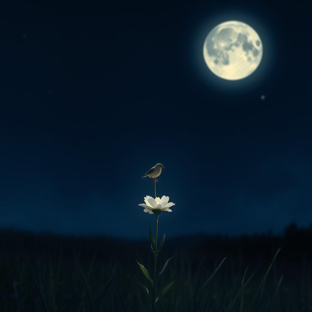 A tranquil night scene bathed in gentle moonlight, where the entire environment is enveloped in silence