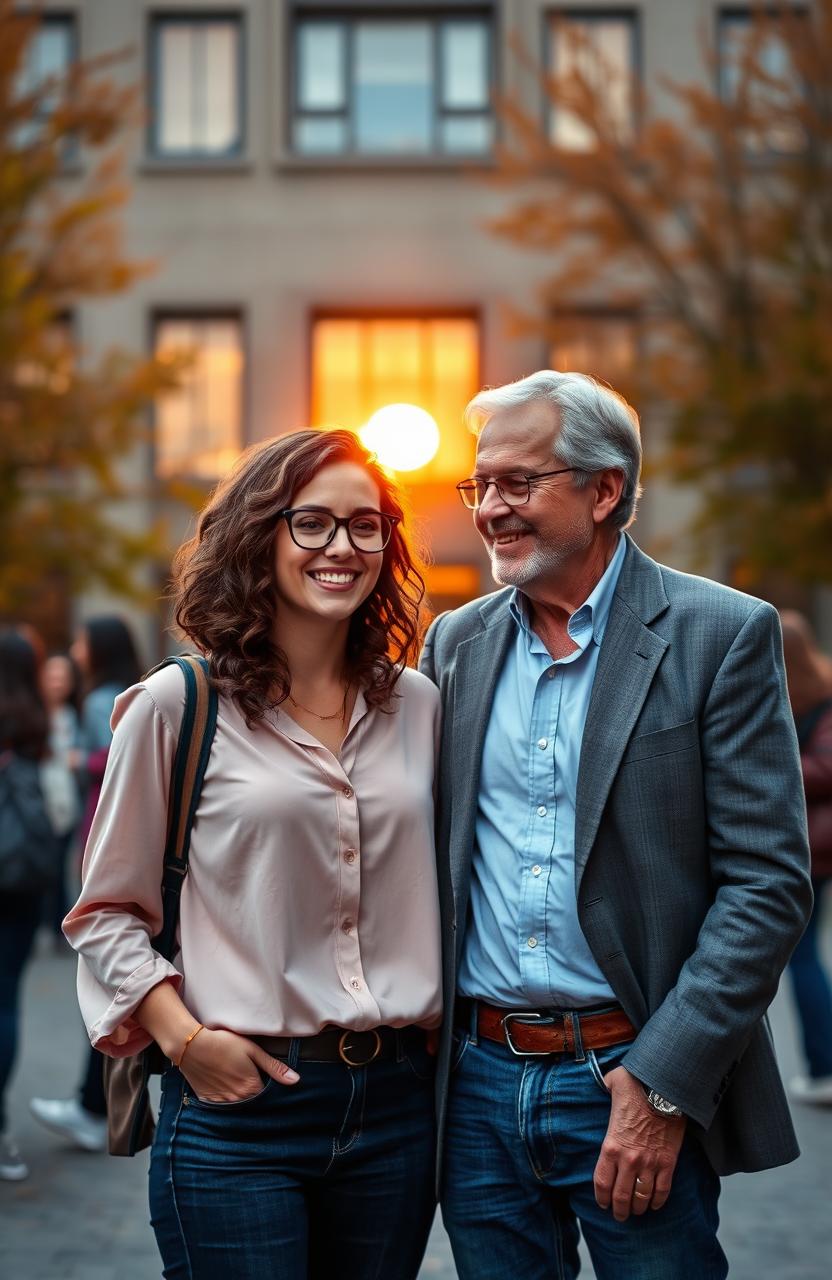 A unique scene capturing the moment a new student, a young woman with shoulder-length curly hair and glasses, stands in an academic setting