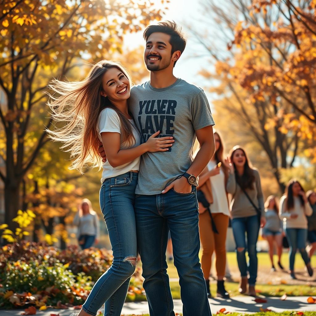A vibrant scene depicting a new student, a young woman with long, flowing hair and a cheerful smile, embracing a cool man who has a laid-back style