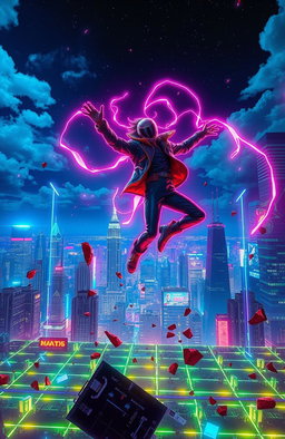 A surreal representation of escaping the matrix of life, featuring a protagonist breaking free from a digital grid