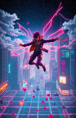 A surreal representation of escaping the matrix of life, featuring a protagonist breaking free from a digital grid