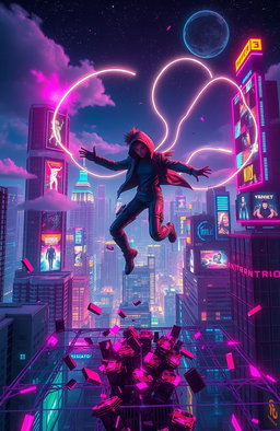 A surreal representation of escaping the matrix of life, featuring a protagonist breaking free from a digital grid
