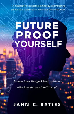 A futuristic book cover design featuring a partially translucent human silhouette in shades of blues and purples, seamlessly merging into intricate digital circuit patterns