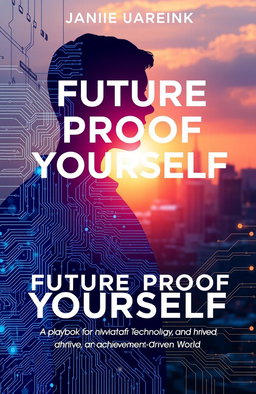 A futuristic book cover design featuring a partially translucent human silhouette in shades of blues and purples, seamlessly merging into intricate digital circuit patterns