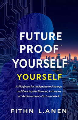A futuristic book cover design featuring a partially translucent human silhouette in shades of blues and purples, seamlessly merging into intricate digital circuit patterns