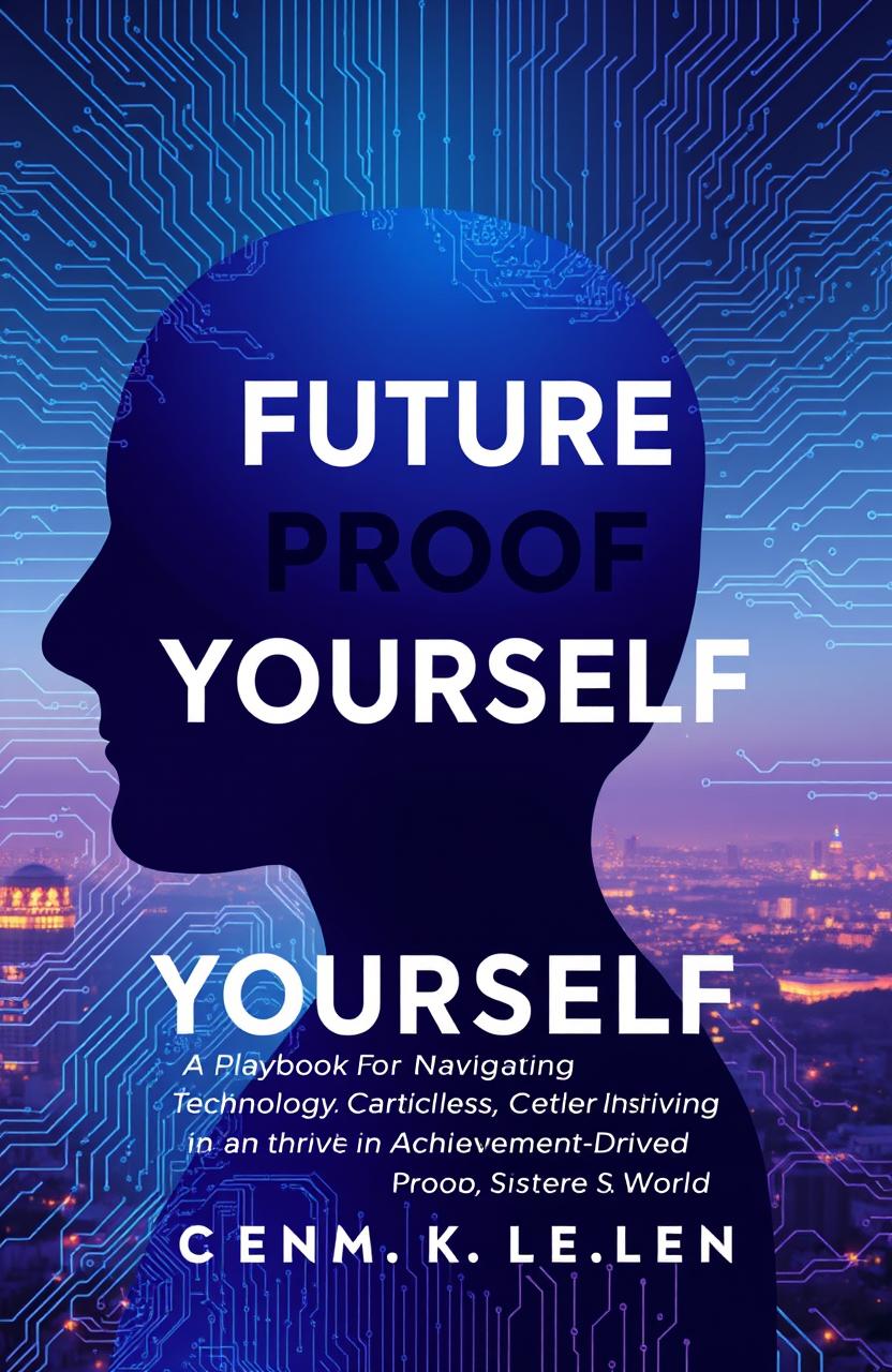 A futuristic book cover design featuring a partially translucent human silhouette in shades of blues and purples, seamlessly merging into intricate digital circuit patterns
