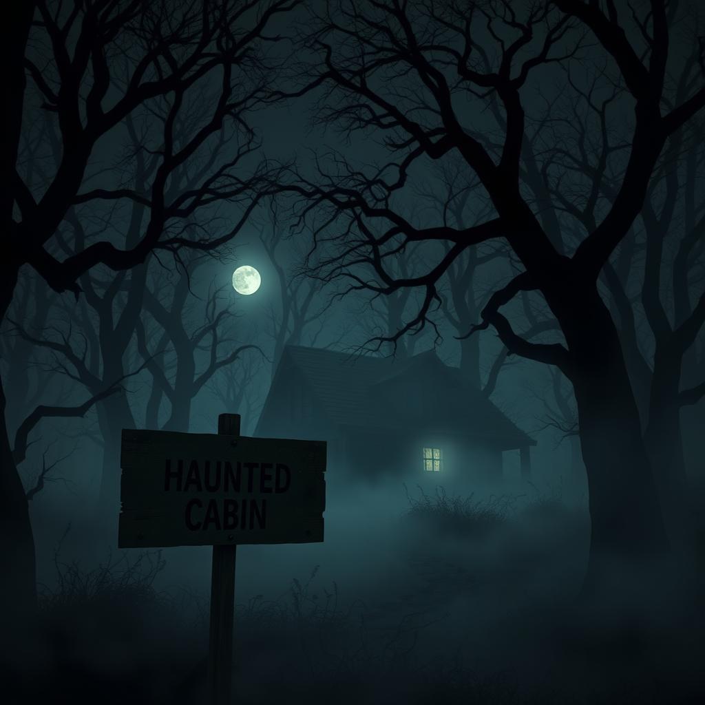 A dark and eerie forest shrouded in mist, where twisted trees loom with gnarled branches