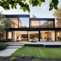 An aesthetically pleasing modern home with sleek architectural lines, glass walls, and sophisticated landscaping.