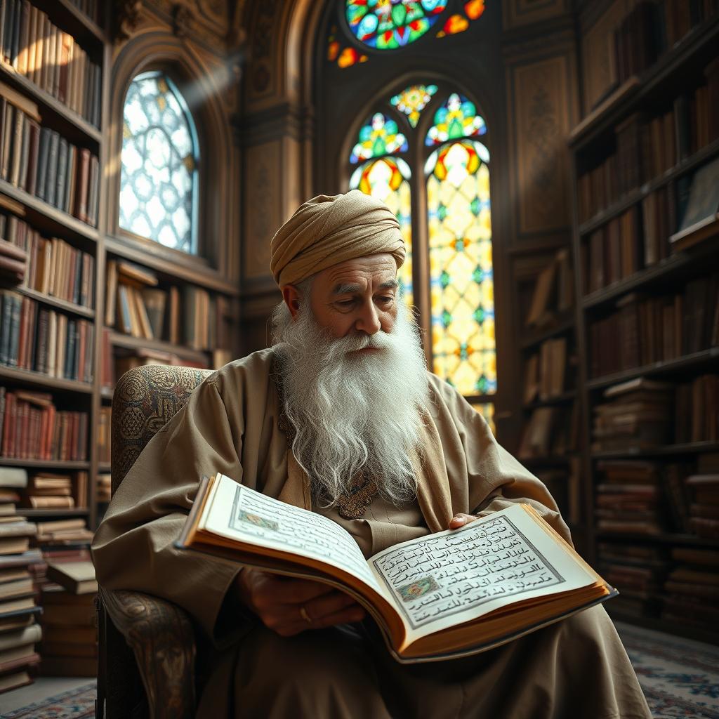 An elderly Islamic scholar with a long white beard, wearing traditional clothing such as a turban and a flowing robe, seated in a grand library filled with ancient books and scrolls