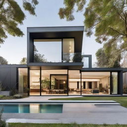 An aesthetically pleasing modern home with sleek architectural lines, glass walls, and sophisticated landscaping.