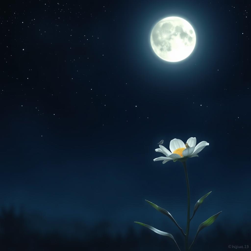 A serene night scene illuminated by gentle moonlight, casting a soft and dreamy glow over a completely silent environment