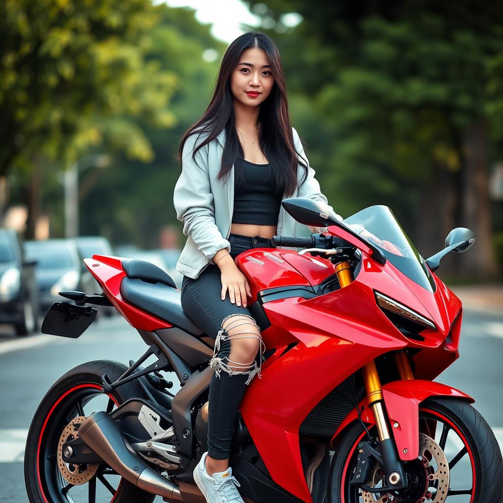 A portrait of a beautiful young Chinese woman with long black hair, sitting on a red sports motorcycle outdoors