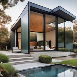 An aesthetically pleasing modern home with sleek architectural lines, glass walls, and sophisticated landscaping.