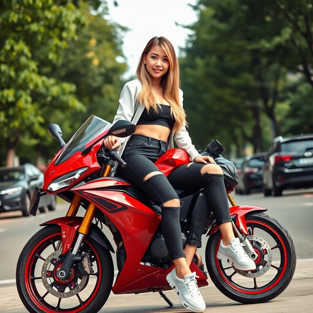 A portrait of a beautiful young Chinese woman with long two-toned blonde hair, sitting on a red sports motorcycle outdoors