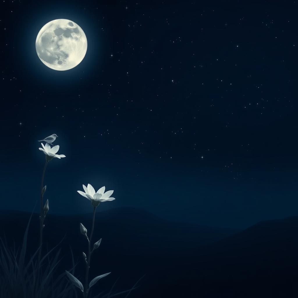 A tranquil night scene illuminated by soft moonlight, where the entire environment is utterly silent