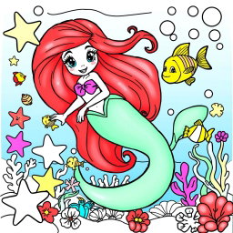 A delightful and whimsical coloring page featuring a cartoon mermaid inspired by Ariel from Disney