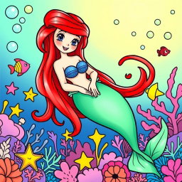 A delightful and whimsical coloring page featuring a cartoon mermaid inspired by Ariel from Disney