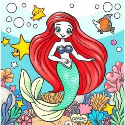 A delightful and whimsical coloring page featuring a cartoon mermaid inspired by Ariel from Disney
