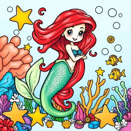 A delightful and whimsical coloring page featuring a cartoon mermaid inspired by Ariel from Disney