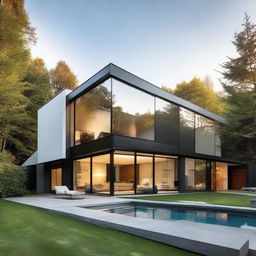 An aesthetically pleasing modern home with sleek architectural lines, glass walls, and sophisticated landscaping.