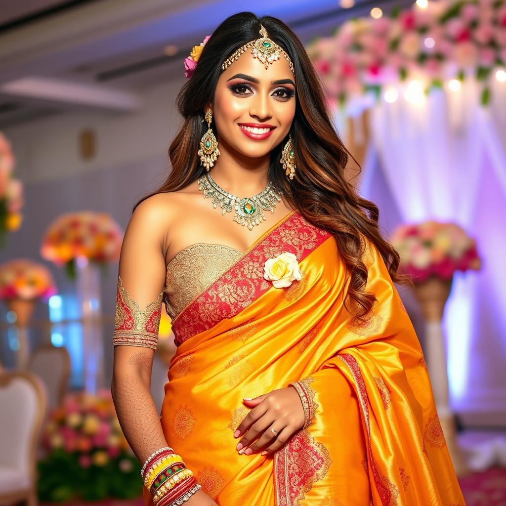 A stunning bride wearing an exquisite traditional saree, showcasing a beautifully detailed design with vibrant colors