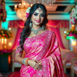 A stunning bride wearing an exquisite traditional saree, showcasing a beautifully detailed design with vibrant colors