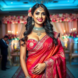 A stunning bride wearing an exquisite traditional saree, showcasing a beautifully detailed design with vibrant colors