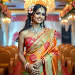 A stunning bride wearing an exquisite traditional saree, showcasing a beautifully detailed design with vibrant colors