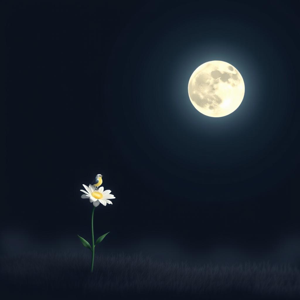 A tranquil night scene where the gentle glow of the moonlight falls in shapes inspired by the bird and flower, creating an ethereal atmosphere of complete silence