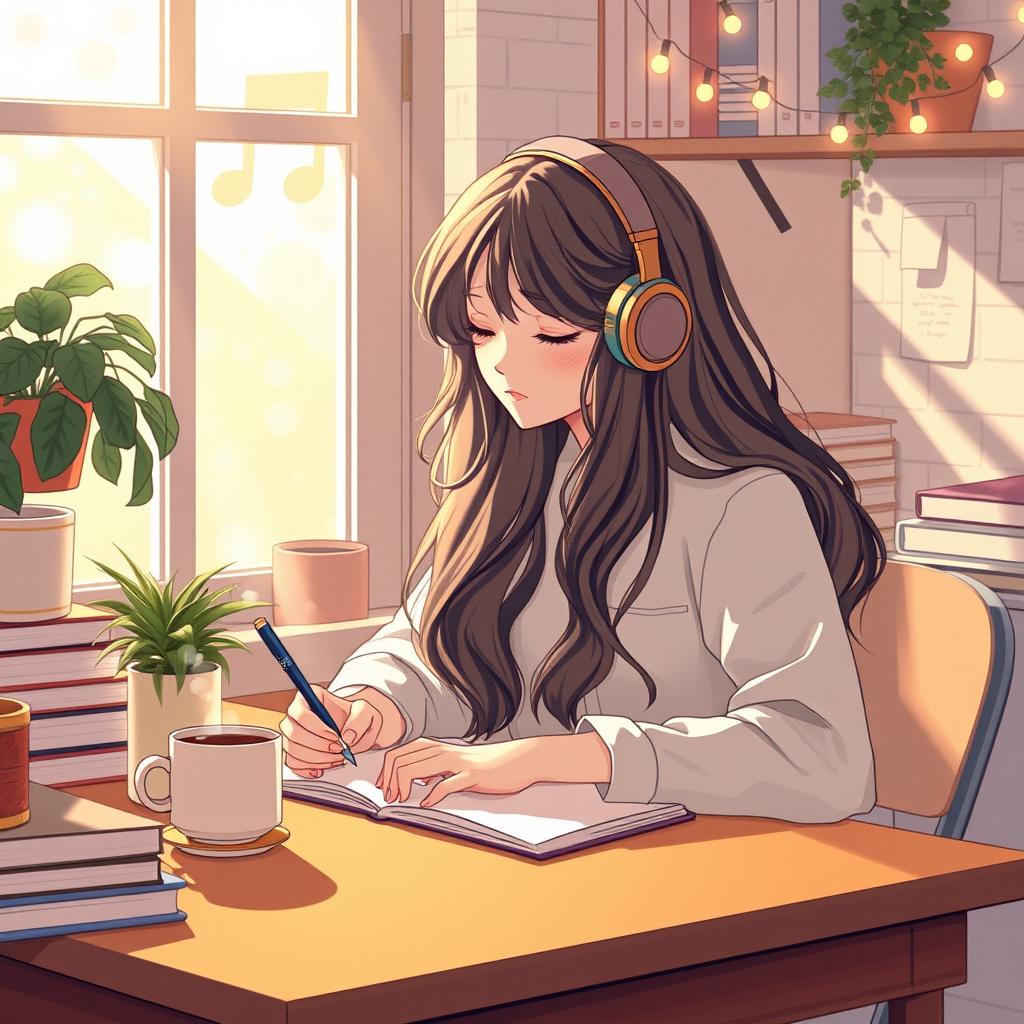 A peaceful scene of a lofi girl sitting at her desk, immersed in studying
