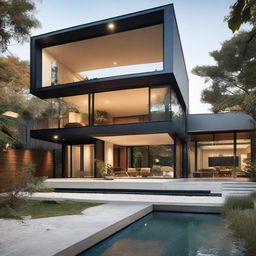 An elegant modern house showcasing contemporary architecture, glass facades, minimalist designs, and lush surroundings.