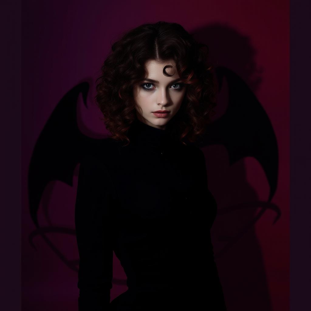A mysterious girl with rich brown curly hair featuring striking red tips, dressed entirely in an elegant black outfit that enhances her enigmatic allure