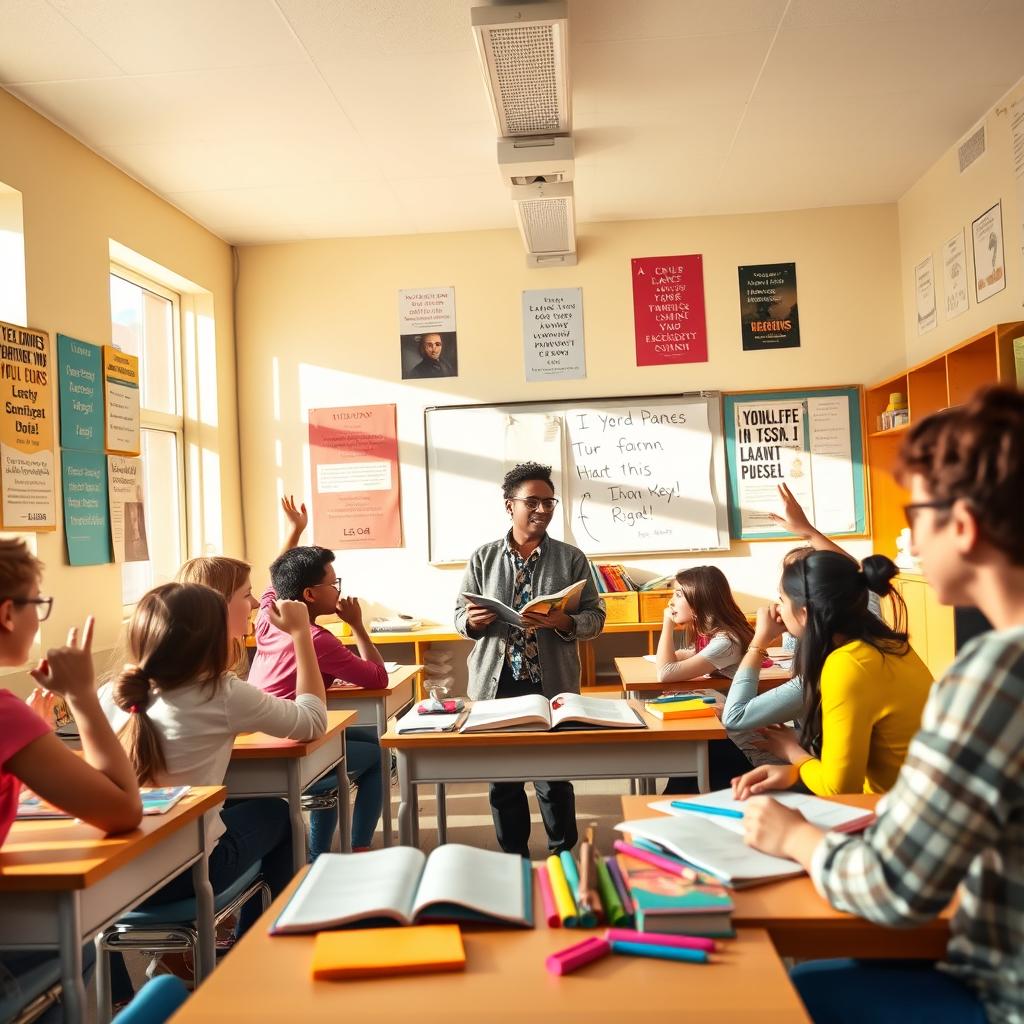 A vibrant and engaging scene depicting a lively English class in a bright and colorful classroom