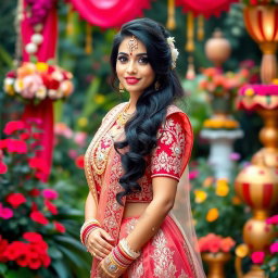 A beautiful Indian bride in a stunning traditional wedding outfit adorned with intricate embroidery and sparkling jewelry, exuding elegance and charm