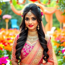 A beautiful Indian bride in a stunning traditional wedding outfit adorned with intricate embroidery and sparkling jewelry, exuding elegance and charm